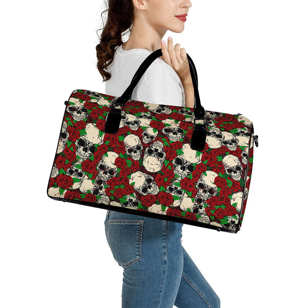 Red Rose Skull Pattern Print Leather Duffle Bag