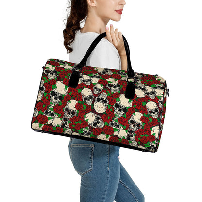 Red Rose Skull Pattern Print Leather Duffle Bag
