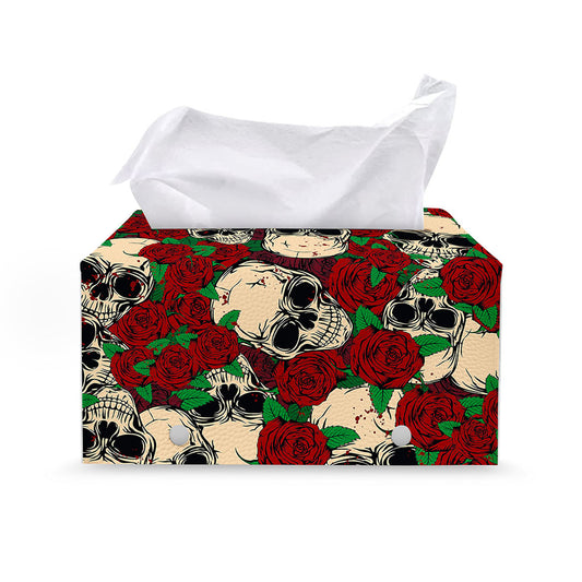 Red Rose Skull Pattern Print Leather Tissue Box Cover