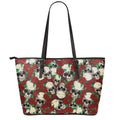 Red Rose Skull Pattern Print Leather Tote Bag With Zipper