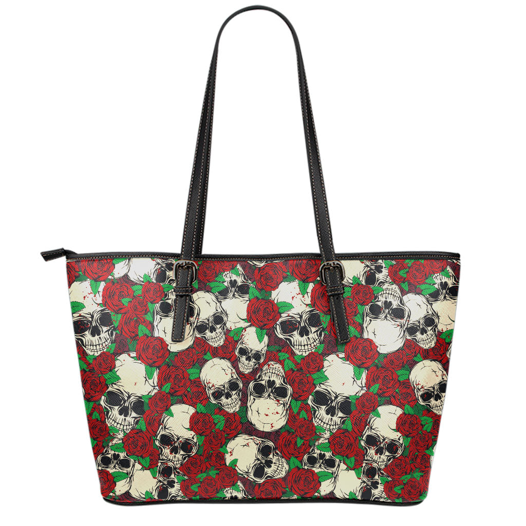 Red Rose Skull Pattern Print Leather Tote Bag