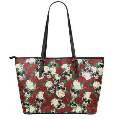 Red Rose Skull Pattern Print Leather Tote Bag