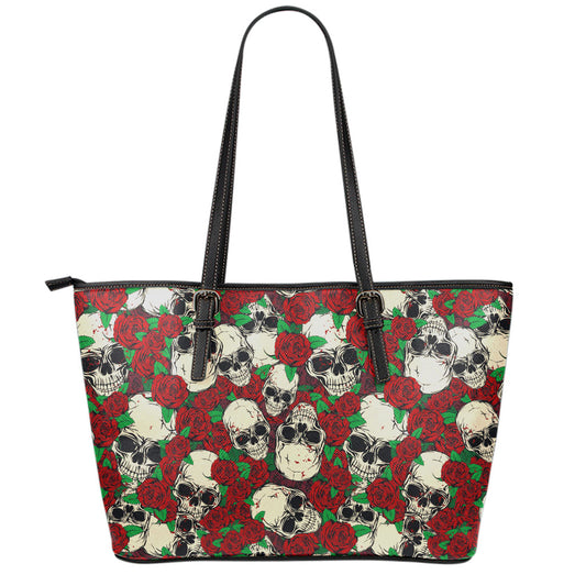 Red Rose Skull Pattern Print Leather Tote Bag