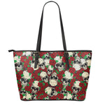 Red Rose Skull Pattern Print Leather Tote Bag