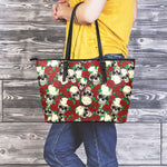 Red Rose Skull Pattern Print Leather Tote Bag