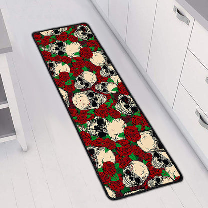 Red Rose Skull Pattern Print Long Kitchen Mat