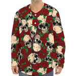 Red Rose Skull Pattern Print Long Sleeve Baseball Jersey