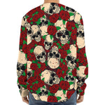Red Rose Skull Pattern Print Long Sleeve Baseball Jersey