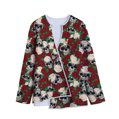 Red Rose Skull Pattern Print Long Sleeve Short Coat