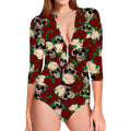 Red Rose Skull Pattern Print Long Sleeve Swimsuit