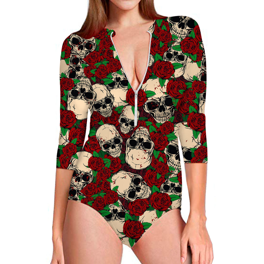 Red Rose Skull Pattern Print Long Sleeve Swimsuit
