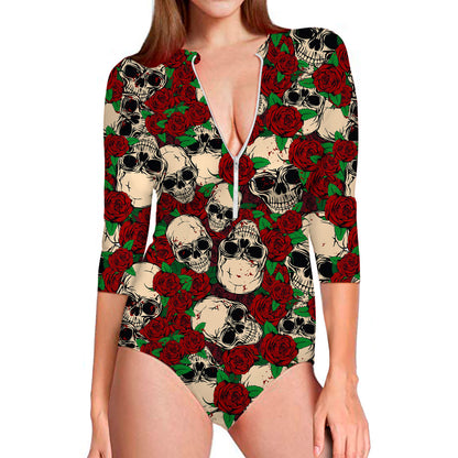 Red Rose Skull Pattern Print Long Sleeve Swimsuit