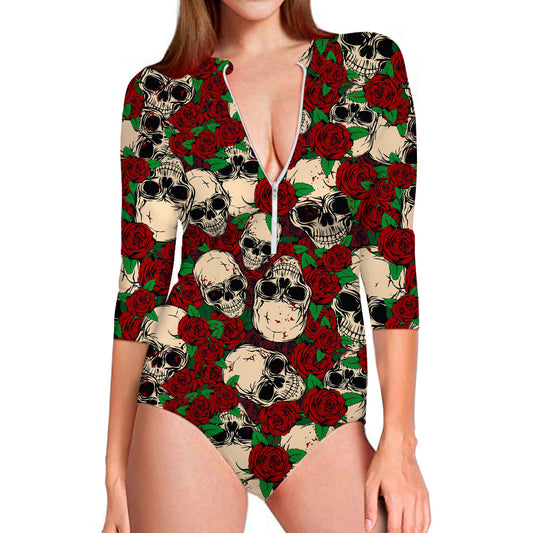 Red Rose Skull Pattern Print Long Sleeve Swimsuit