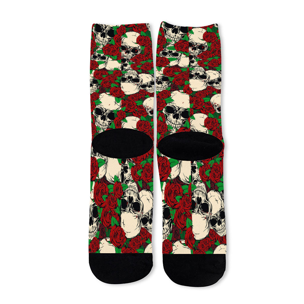 Red Rose Skull Pattern Print Long Socks