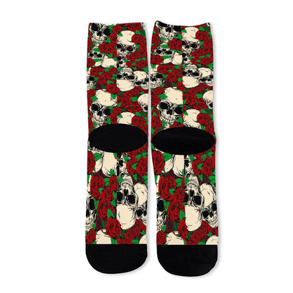 Red Rose Skull Pattern Print Long Socks