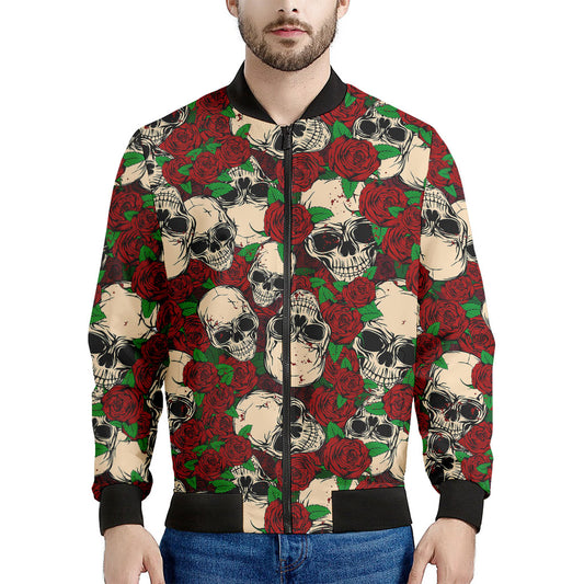 Red Rose Skull Pattern Print Men's Bomber Jacket