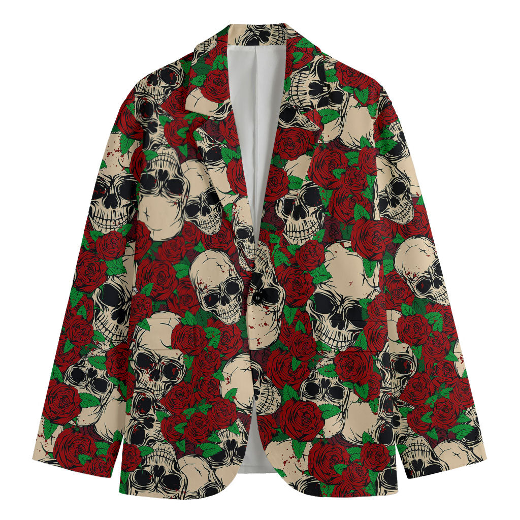 Red Rose Skull Pattern Print Men's Cotton Blazer