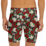 Red Rose Skull Pattern Print Men's Long Boxer Briefs
