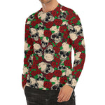 Red Rose Skull Pattern Print Men's Long Sleeve Rash Guard