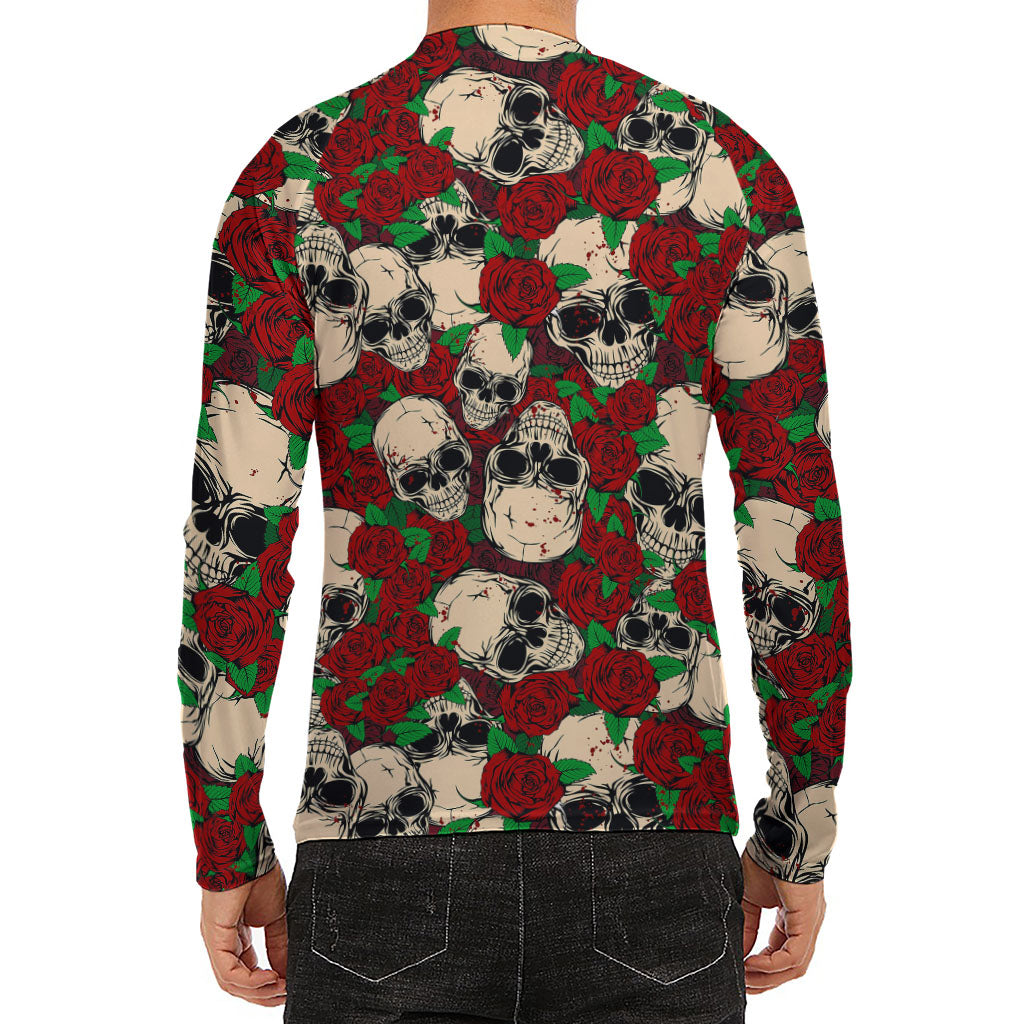 Red Rose Skull Pattern Print Men's Long Sleeve Rash Guard