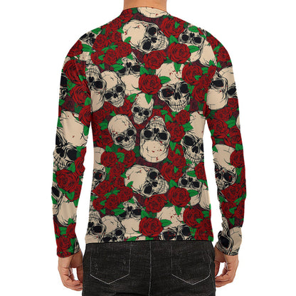 Red Rose Skull Pattern Print Men's Long Sleeve Rash Guard