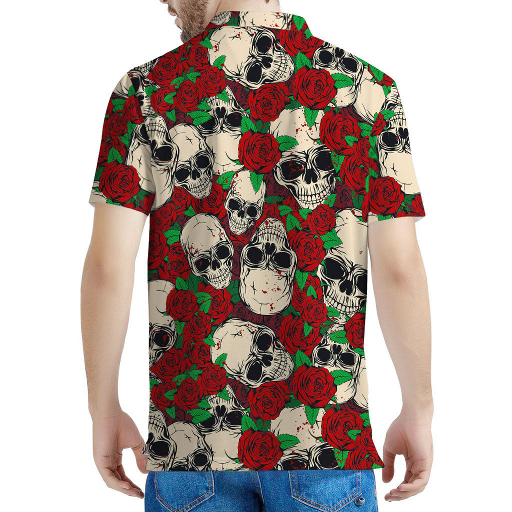 Red Rose Skull Pattern Print Men's Polo Shirt