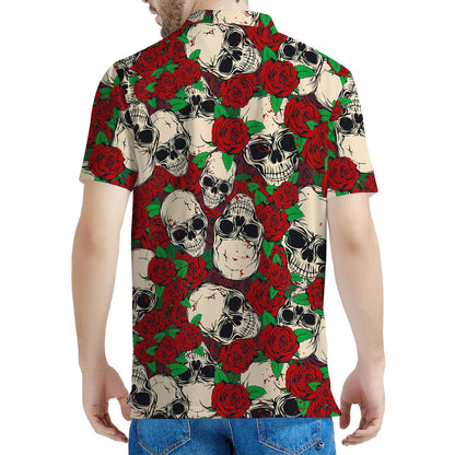 Red Rose Skull Pattern Print Men's Polo Shirt