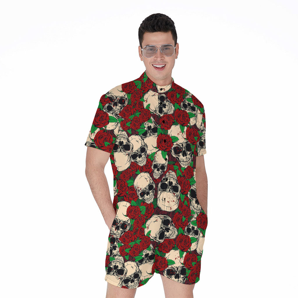 Red Rose Skull Pattern Print Men's Rompers