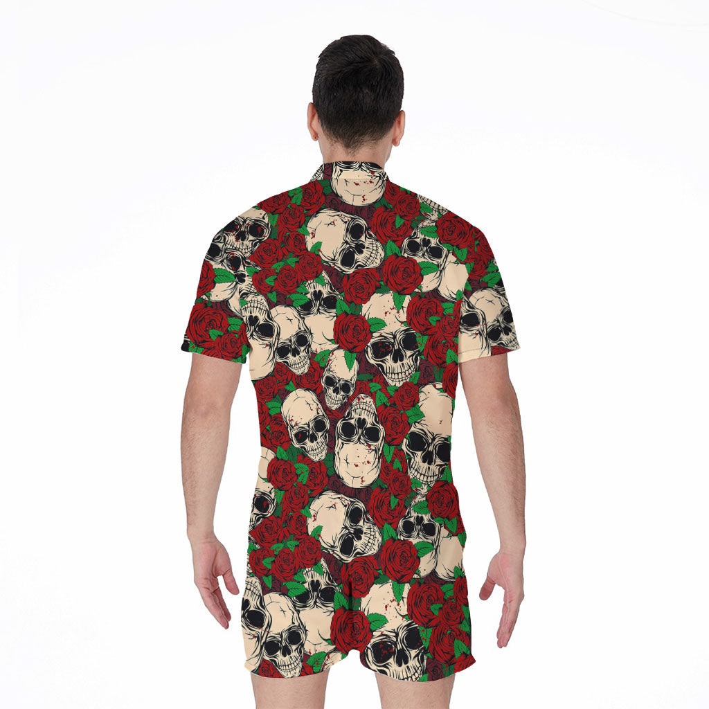 Red Rose Skull Pattern Print Men's Rompers