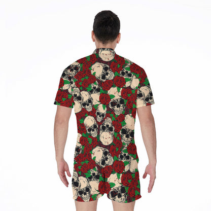 Red Rose Skull Pattern Print Men's Rompers
