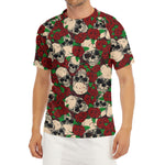 Red Rose Skull Pattern Print Men's Short Sleeve Rash Guard
