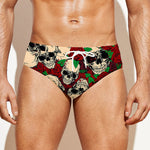 Red Rose Skull Pattern Print Men's Swim Briefs