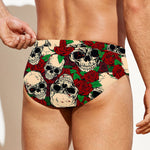 Red Rose Skull Pattern Print Men's Swim Briefs