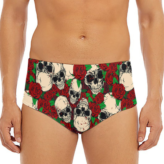 Red Rose Skull Pattern Print Men's Triangle Swim Briefs