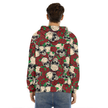 Red Rose Skull Pattern Print Men's Velvet Pullover Hoodie