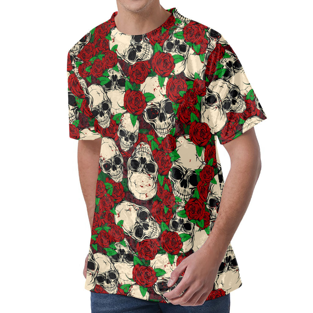 Red Rose Skull Pattern Print Men's Velvet T-Shirt