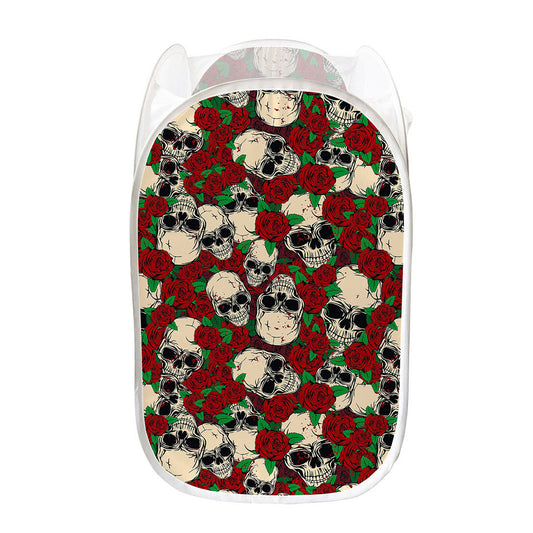 Red Rose Skull Pattern Print Mesh Laundry Hamper