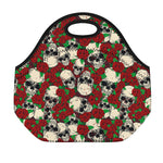 Red Rose Skull Pattern Print Neoprene Lunch Bag