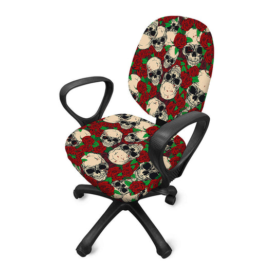 Red Rose Skull Pattern Print Office Chair Cover