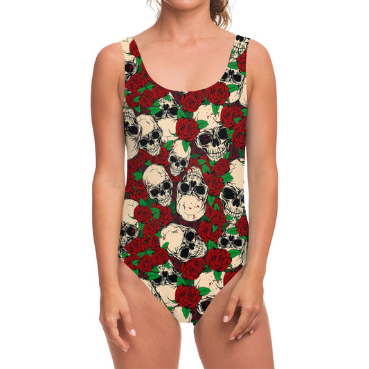 Red Rose Skull Pattern Print One Piece Swimsuit