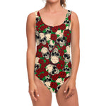 Red Rose Skull Pattern Print One Piece Swimsuit