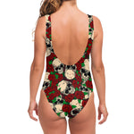 Red Rose Skull Pattern Print One Piece Swimsuit