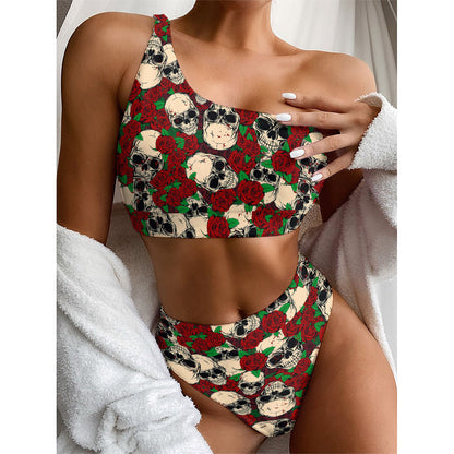 Red Rose Skull Pattern Print One Shoulder Bikini Top