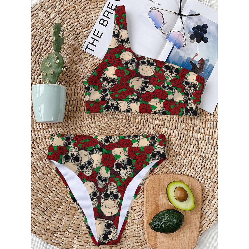 Red Rose Skull Pattern Print One Shoulder Bikini Top