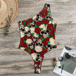 Red Rose Skull Pattern Print One Shoulder Bodysuit