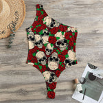 Red Rose Skull Pattern Print One Shoulder Bodysuit