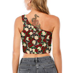 Red Rose Skull Pattern Print One Shoulder Crop Top