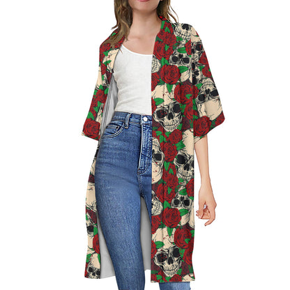 Red Rose Skull Pattern Print Open Front Beach Cover Up