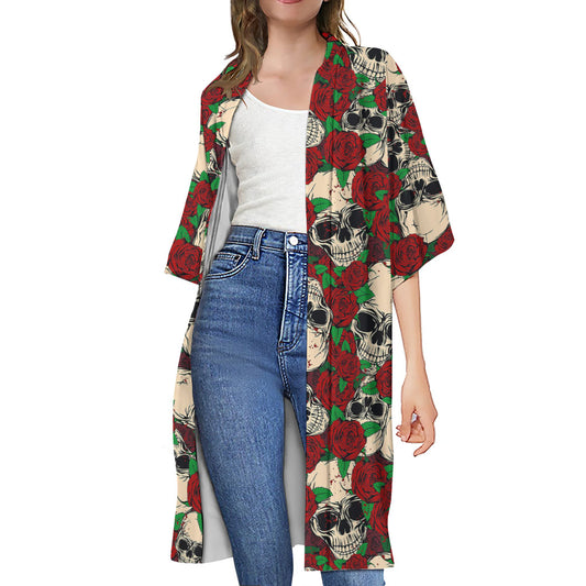 Red Rose Skull Pattern Print Open Front Beach Cover Up