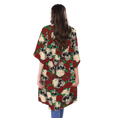 Red Rose Skull Pattern Print Open Front Beach Cover Up